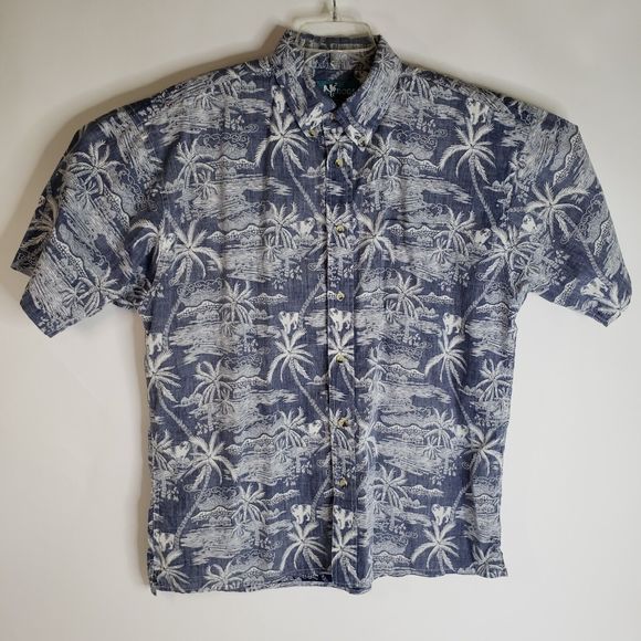 Vintage Big Dogs Reverse Print Hawaiian Shirt Large Cotton Blue White Palms 50" - Picture 1 of 9